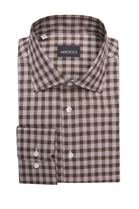 Модная мужская рубашка хлопковая коричневая в клетку  арт. SL 902022 R 91EZ/302224 от Meucci (Италия) - фото. Цвет: Коричневый в клетку.
