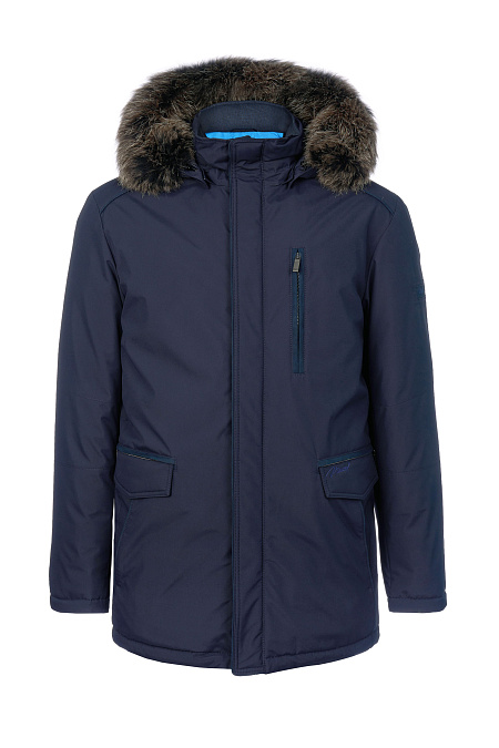 Пуховик темно-синий с капюшоном и меховой опушкой для мужчин бренда Meucci (Италия), арт. 6622 - фото. Цвет: Темно-синий. Купить в интернет-магазине https://shop.meucci.ru
