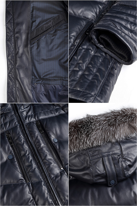 Кожаный пуховик с капюшоном для мужчин бренда Meucci (Италия), арт. 7214/2 - фото. Цвет: Сине-черный. Купить в интернет-магазине https://shop.meucci.ru
