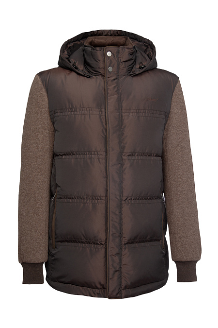 Пуховик с капюшоном из комбинации двух тканей коричневый  для мужчин бренда Meucci (Италия), арт. 9358 - фото. Цвет: Коричневый. Купить в интернет-магазине https://shop.meucci.ru
