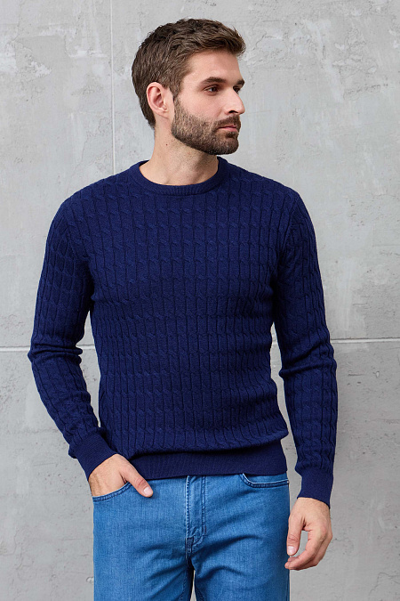 Мужской брендовый джемпер темно-синего цвета с круглой горловиной арт. 83014/22025 Dk.NAVY Meucci (Италия) - фото. Цвет: Темно-синий (объемный орнамент в виде сплетенных кос). Купить в интернет-магазине https://shop.meucci.ru

