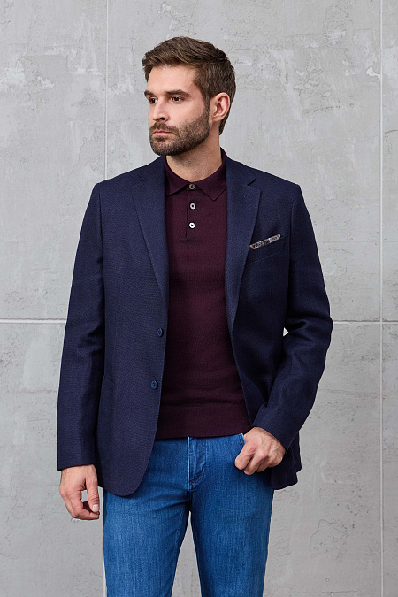 Мужской пиджак из смеси льна и шерсти с жаккардовым микродизайном Meucci (Италия), арт. MI 1200181DR/11759 - фото. Цвет:  Темно-синий (жаккардовое плетение нитей темно-синих оттенков) . Купить в интернет-магазине https://shop.meucci.ru
