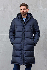 Пуховое пальто с капюшоном темно-синего цвета  (9116)