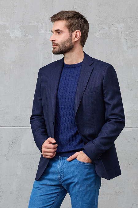 Мужской классический пиджак из шерсти с жаккардовым микродизайном  Meucci (Италия), арт. MI 1200181VB/11754 - фото. Цвет:  Темно-синий (жаккардовое плетение нитей темно-синих оттенков). Купить в интернет-магазине https://shop.meucci.ru
