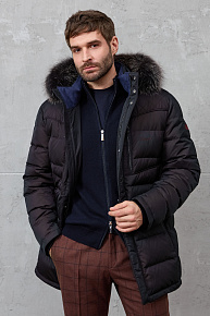 Пуховик черно-коричневого цвета с капюшоном и опушкой из меха (5160)