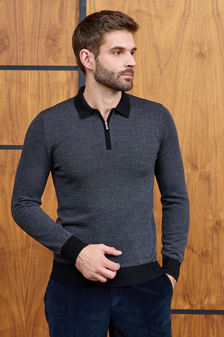 Мужской брендовый джемпер-поло черно-серый с застежкой на молнию арт. 43016/22025 BLACK Meucci (Италия) - фото. Цвет: Серо-черный (мелкий орнамент "Елочка"). Купить в интернет-магазине https://shop.meucci.ru

