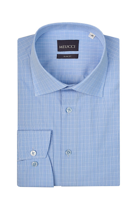 Модная мужская рубашка ярко-голубая в клетку арт. SL 9020 R 0291 CEL/231142 от Meucci (Италия) - фото. Цвет: Ярко-голубой, клетка.
