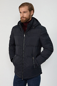 Стеганый пуховик средней длины с капюшоном и фигурным низом (6915)