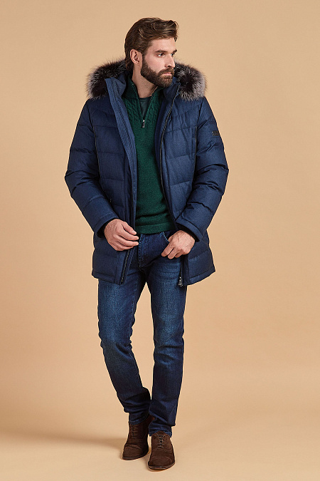 Удлиненный стеганый пуховик с капюшоном  для мужчин бренда Meucci (Италия), арт. 2021 - фото. Цвет: Темно-синий. Купить в интернет-магазине https://shop.meucci.ru
