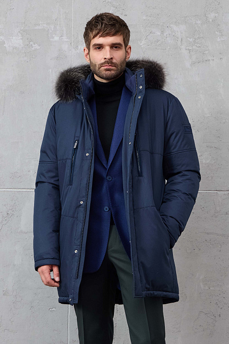 Удлиненный пуховик-парка с капюшоном и меховой опушкой  для мужчин бренда Meucci (Италия), арт. 9989 - фото. Цвет: Темно-синий. Купить в интернет-магазине https://shop.meucci.ru
