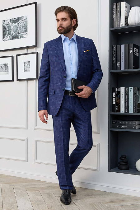 Мужской костюм темно-синий в клетку из смеси шерсти, льна и шелка  Meucci (Италия), арт. MI 2200191DR/12021 - фото. Цвет: Темно-синий в клетку. Купить в интернет-магазине https://shop.meucci.ru

