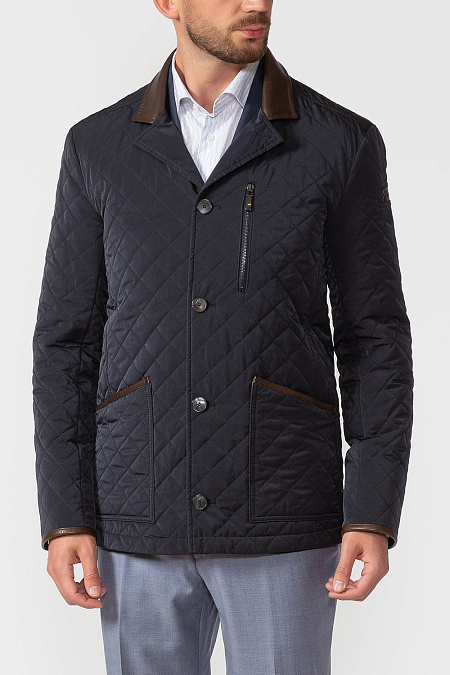 Утепленная стеганая куртка-пиджак на пуговицах с отделкой кожей для мужчин бренда Meucci (Италия), арт. 9964  - фото. Цвет: Темно-синий. Купить в интернет-магазине https://shop.meucci.ru
