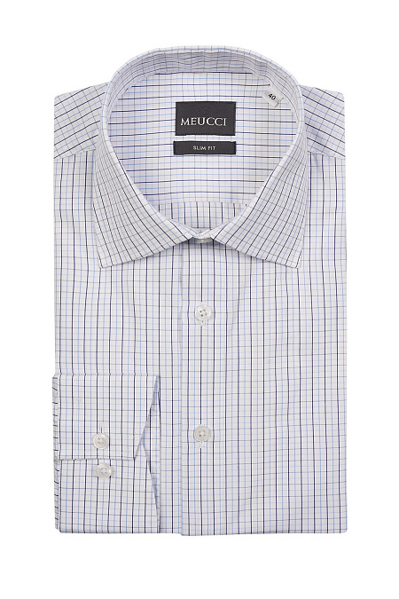Модная мужская рубашка белая в цветную клетку из хлопка sea island  арт. SL 10224070/301035 от Meucci (Италия) - фото. Цвет: белый в цветную клетку синих оттенков.
