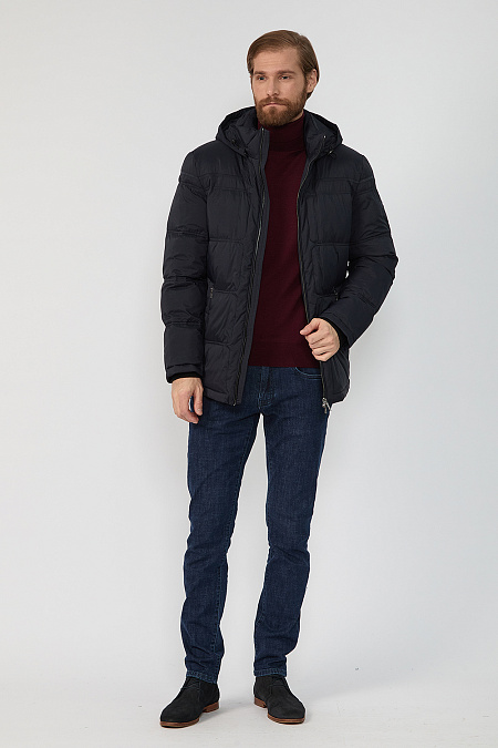 Стеганый пуховик средней длины с капюшоном и фигурным низом для мужчин бренда Meucci (Италия), арт. 6915 - фото. Цвет: Темно-синий. Купить в интернет-магазине https://shop.meucci.ru
