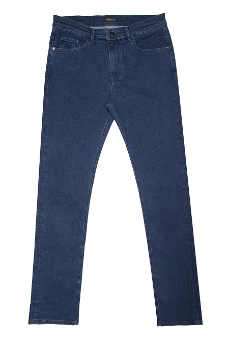 Мужские брендовые джинсы прямого кроя из премиального денима с синей отстрочкой  арт. LUEC REG 2527 Meucci (Италия) - фото. Цвет: Синий. Купить в интернет-магазине https://shop.meucci.ru
