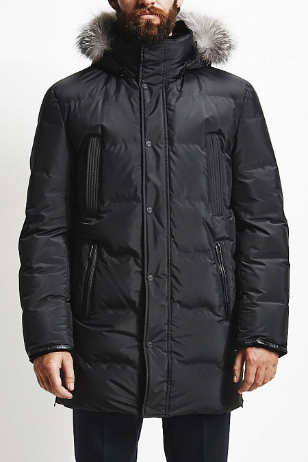 Удлиненный пуховик отделкой натуральной кожей для мужчин бренда Meucci (Италия), арт. 1857/3 - фото. Цвет: Черный. Купить в интернет-магазине https://shop.meucci.ru
