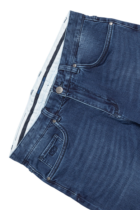 Мужские брендовые джинсы зауженные книзу с эффектом потертости  арт. NLW SL 1903/1 Meucci (Италия) - фото. Цвет: Синий. Купить в интернет-магазине https://shop.meucci.ru
