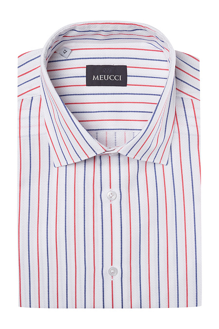 Рубашка белая в цветную полоску для мужчин бренда Meucci (Италия), арт. SL 90202 R STR 0191/141929K - фото. Цвет: Белый в сине-красную полоску. Купить в интернет-магазине https://shop.meucci.ru
