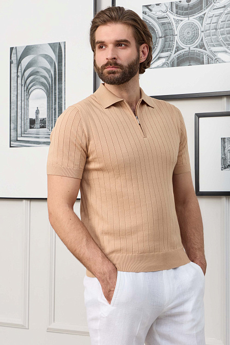 Поло бежевого цвета с фактурными вертикальными полосами  для мужчин бренда Meucci (Италия), арт. MEU-2506/DQSS33 - фото. Цвет: Бежевый. Купить в интернет-магазине https://shop.meucci.ru
