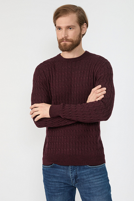 Мужской брендовый джемпер коричневый с дизайном в виде плетеных кос  арт. FASR-NECK/102022/ML0080 Meucci (Италия) - фото. Цвет: Коричнево-бордовый. Купить в интернет-магазине https://shop.meucci.ru

