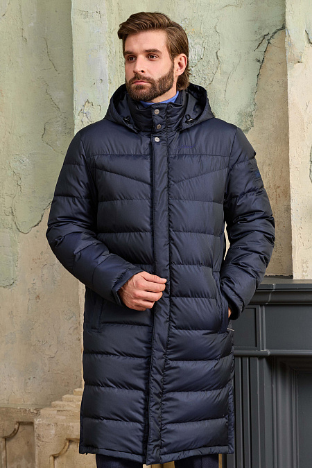 Удлиненный пуховик-пальто с капюшоном темно-синего цвета  для мужчин бренда Meucci (Италия), арт. 9777 - фото. Цвет: Темно-синий. Купить в интернет-магазине https://shop.meucci.ru
