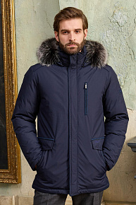 Пуховик темно-синий с капюшоном и меховой опушкой (6622)