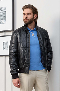 Кожаная стеганая куртка-бомбер черного цвета  (7711)