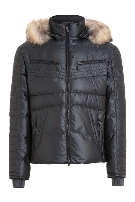 Короткий пуховик с мехом енота для мужчин бренда Meucci (Италия), арт. 6904/2 - фото. Цвет: Черный с зеленым отливом. Купить в интернет-магазине https://shop.meucci.ru
