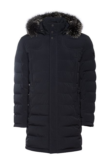 Удлиненный стеганый пуховик с капюшоном и меховой опушкой  для мужчин бренда Meucci (Италия), арт. 3333 - фото. Цвет: Темно-синий. Купить в интернет-магазине https://shop.meucci.ru
