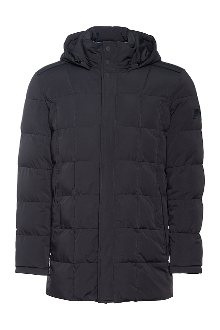 Стеганый пуховик средней длины с капюшоном  для мужчин бренда Meucci (Италия), арт. 1580 - фото. Цвет: Темно-синий. Купить в интернет-магазине https://shop.meucci.ru
