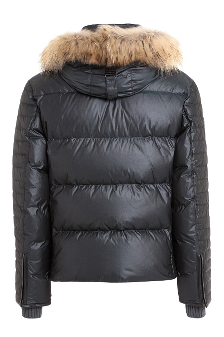 Короткий пуховик с мехом енота для мужчин бренда Meucci (Италия), арт. 6904/2 - фото. Цвет: Черный с зеленым отливом. Купить в интернет-магазине https://shop.meucci.ru
