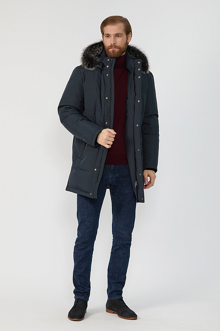 Удлиненный стеганый пуховик с капюшоном для мужчин бренда Meucci (Италия), арт. 1859 - фото. Цвет: Темно-синий. Купить в интернет-магазине https://shop.meucci.ru
