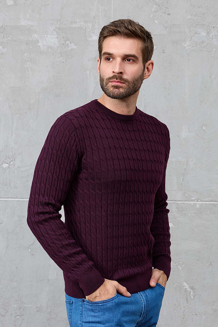 Мужской брендовый джемпер винного цвета с круглой горловиной  арт. 83014/22025 CERISE Meucci (Италия) - фото. Цвет: Винный (объемный орнамент в виде сплетенных кос). Купить в интернет-магазине https://shop.meucci.ru

