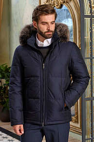 Cтеганый короткий пуховик с капюшоном и меховой опушкой  (7217)