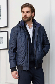 Утепленная куртка-бомбер с капюшоном синего цвета  (6197)