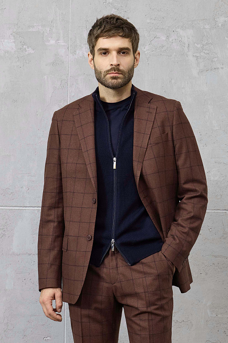 Мужской костюм коричневый в клетку из шерсти, конопли, шелка и кашемира  Meucci (Италия), арт. MI 2200191DE/12103 - фото. Цвет: Коричневый / черный (клетка). Купить в интернет-магазине https://shop.meucci.ru
