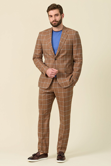 Мужской костюм светло-коричневый в серую клетку из смеси шерсти, льна и шелка  Meucci (Италия), арт. MI 2200191EZ/12014 - фото. Цвет: Коричневый в серую клетку. Купить в интернет-магазине https://shop.meucci.ru
