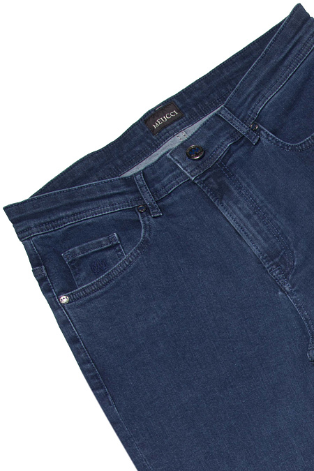 Мужские брендовые джинсы прямого кроя из премиального денима с синей отстрочкой  арт. LUEC REG 2527 Meucci (Италия) - фото. Цвет: Синий. Купить в интернет-магазине https://shop.meucci.ru
