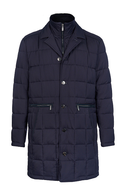 Удлиненный стеганый пуховик со съемной манишкой и меховым воротником  для мужчин бренда Meucci (Италия), арт. 9727 - фото. Цвет: Темно-синий. Купить в интернет-магазине https://shop.meucci.ru
