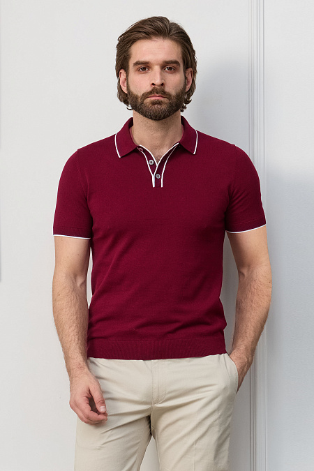 Поло бордовое с цветными кантами на манжетах и воротнике  для мужчин бренда Meucci (Италия), арт. MEU-2509/DQSS27 - фото. Цвет: Бордовый, белый, синий. Купить в интернет-магазине https://shop.meucci.ru
