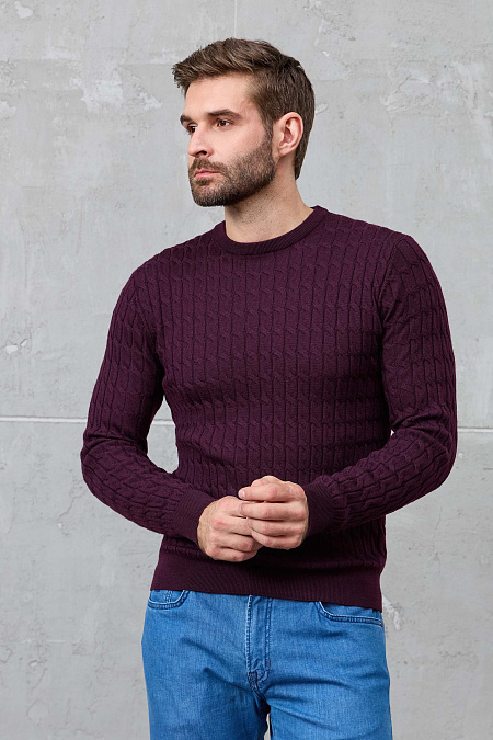 Мужской брендовый джемпер винного цвета с круглой горловиной  арт. 83014/22025 CERISE Meucci (Италия) - фото. Цвет: Винный (объемный орнамент в виде сплетенных кос). Купить в интернет-магазине https://shop.meucci.ru

