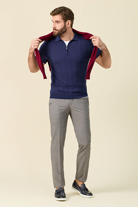 Поло из хлопка, шелка и льна темно-синее  для мужчин бренда Meucci (Италия), арт. MEU-SS2407/DQSS18 - фото. Цвет: Темно-синий, фактурный орнамент в виде кос. Купить в интернет-магазине https://shop.meucci.ru
