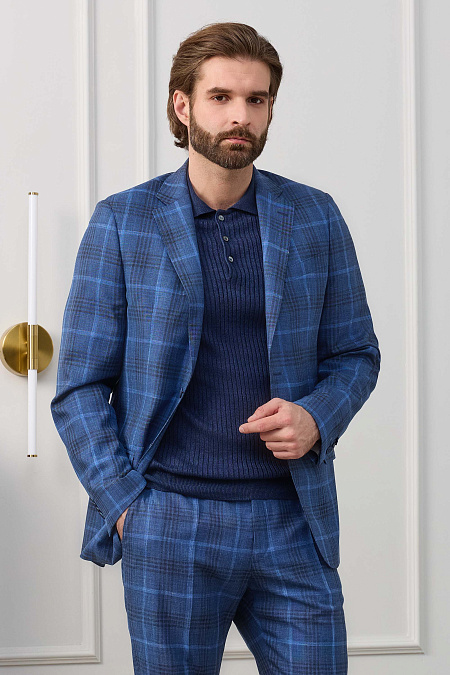 Мужской легкий костюм из смеси шерсти, льна и шелка синий в клетку  Meucci (Италия), арт. MI 2200191DR/12102 - фото. Цвет: Синий, клетка. Купить в интернет-магазине https://shop.meucci.ru
