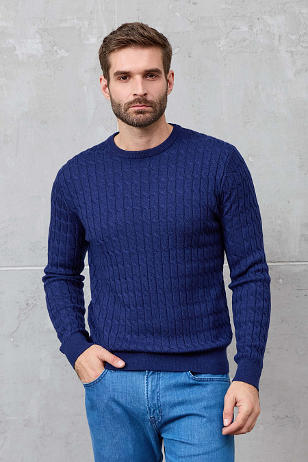 Мужской брендовый джемпер синего цвета с круглой горловиной  арт. 83014/22025 INDIGO Meucci (Италия) - фото. Цвет: Синий (объемный орнамент в виде сплетенных кос). Купить в интернет-магазине https://shop.meucci.ru

