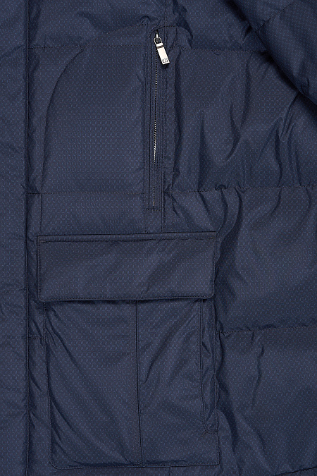 Cтеганый пуховик с капюшоном с меховой опушкой для мужчин бренда Meucci (Италия), арт. 3714 - фото. Цвет: Темно-синий с принтом. Купить в интернет-магазине https://shop.meucci.ru
