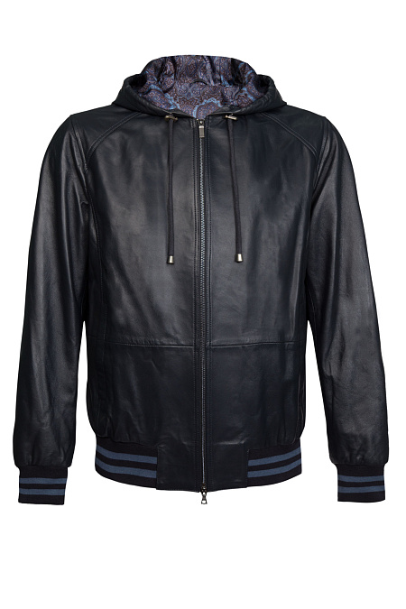Кожаная темно-синяя куртка-бомбер с капюшоном  для мужчин бренда Meucci (Италия), арт. 7710 - фото. Цвет: Темно-синий. Купить в интернет-магазине https://shop.meucci.ru
