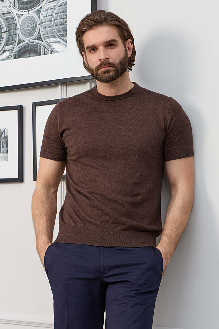 Базовая коричневая футболка из смеси льна и хлопка  для мужчин бренда Meucci (Италия), арт. MEU-2511/0870 - фото. Цвет: Коричневый. Купить в интернет-магазине https://shop.meucci.ru
