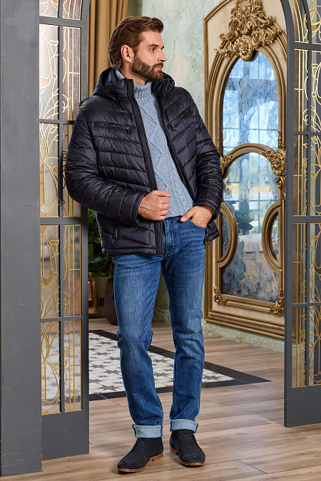 Легкий пуховик с капюшоном темно-синего цвета  для мужчин бренда Meucci (Италия), арт. 4905 - фото. Цвет: Темно-синий. Купить в интернет-магазине https://shop.meucci.ru
