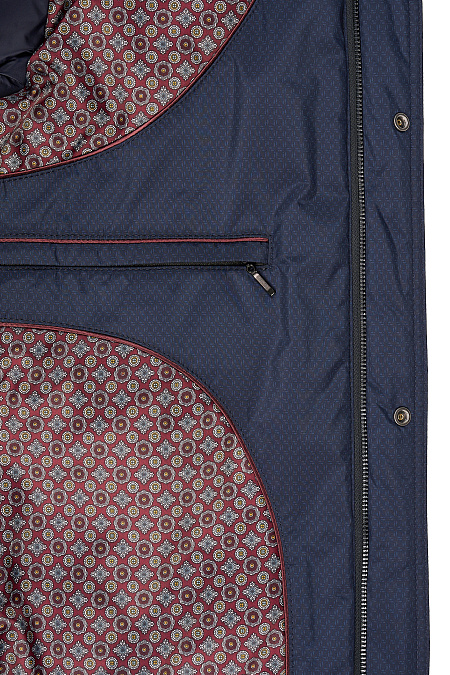 Cтеганый пуховик с капюшоном с меховой опушкой для мужчин бренда Meucci (Италия), арт. 3714 - фото. Цвет: Темно-синий с принтом. Купить в интернет-магазине https://shop.meucci.ru
